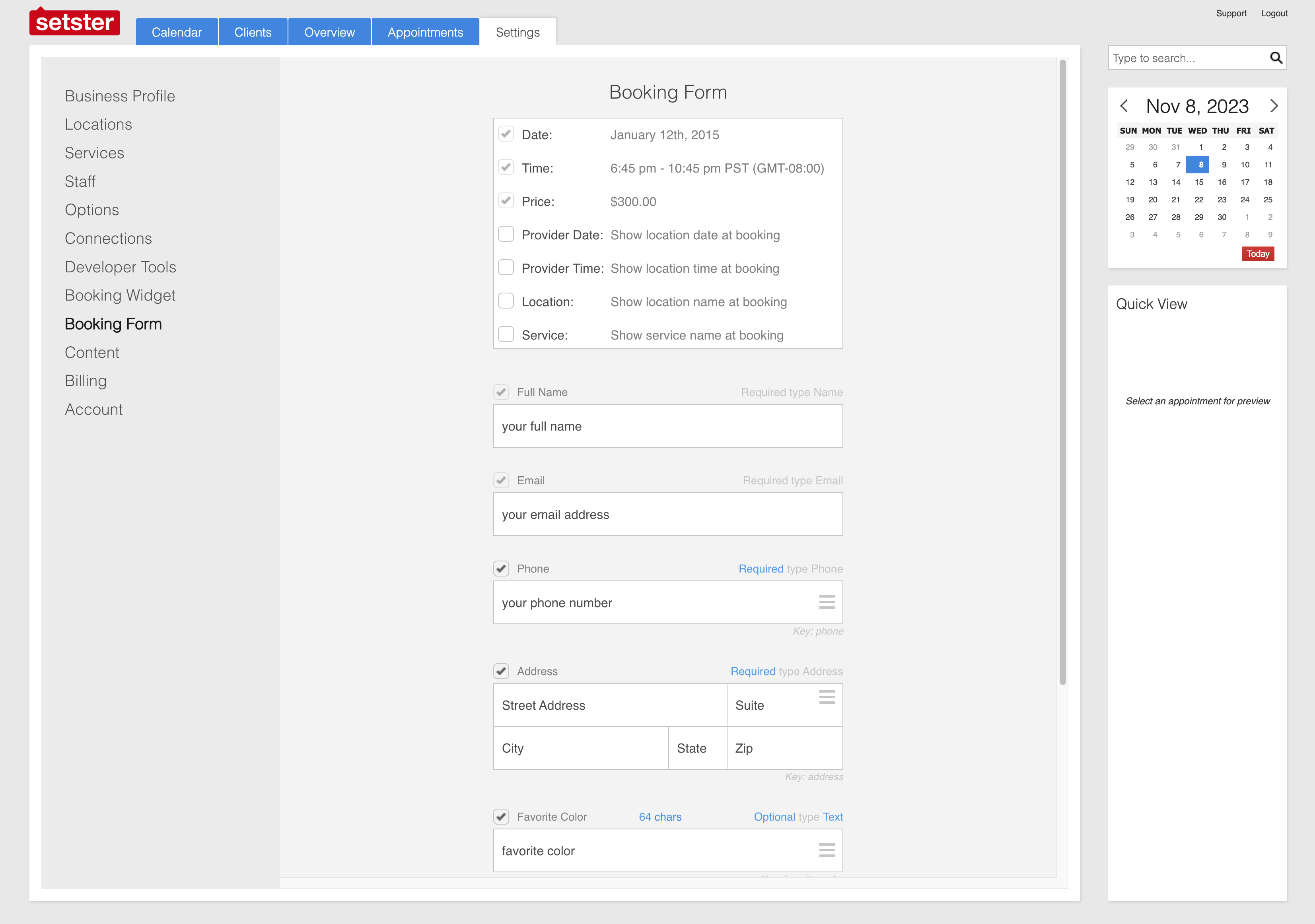 Setster Dashboard Booking Form